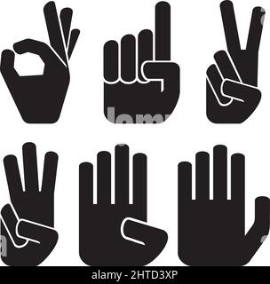 Symbole für die Zählung von Fingern – eins, zwei, drei, vier und fünf (Hände und Zahlen). Vektorgrafik. Stock Vektor