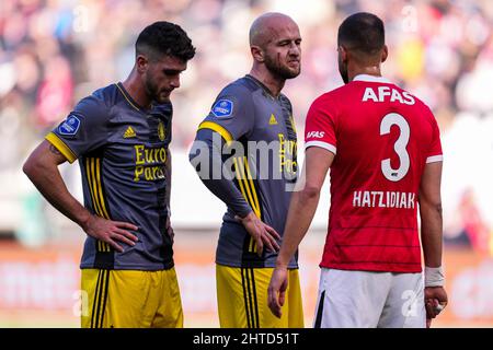 Alkmaar - Gernot Trauner von Feyenoord, Pantelis Hatzidiakos von AZ Alkmaar während des Spiels zwischen AZ Alkmaar und Feyenoord am 27. Februar 2022 im AFAS Stadion in Alkmaar, Niederlande. (Box-to-Box-Bilder/Yannick Verhoeven) Stockfoto