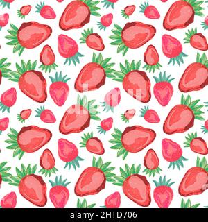 Handgezeichnetes nahtloses Vektor-Muster mit Erdbeere. Rosa Erdbeeren und grüne Blätter auf weißem Hintergrund. Stock Vektor