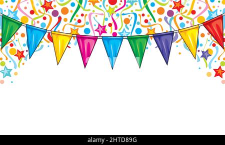 Hintergrund-Design mit Party-Streamer, Konfetti und Party-Fahnen (festliches Design, Feier Hintergrund). Vektorgrafik. Stock Vektor