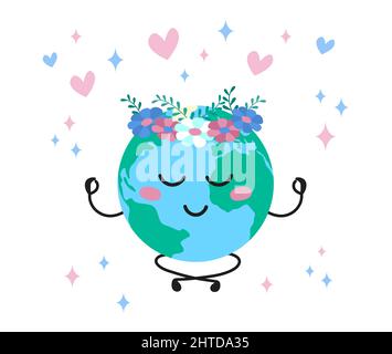 Cute Earth meditiert und lächelt. Cartoon-Planet mit Blumenkranz auf dem Kopf isoliert. Vektorgrafik für Earth Day. Stock Vektor