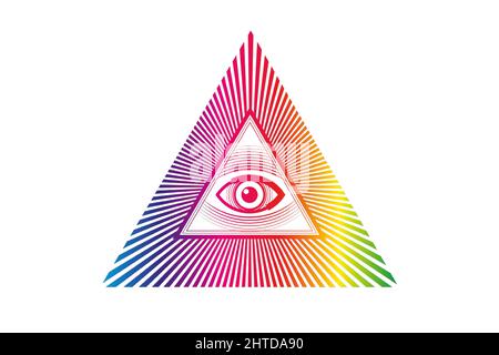 Heiliges Freimaurer-Symbol. Alles sehende Auge, drittes Auge, psychedelischer Blick der Vorsehung, Dreieckspyramide. Neue Weltordnung. Bunte Ikone Alchemie, Religion, Stock Vektor