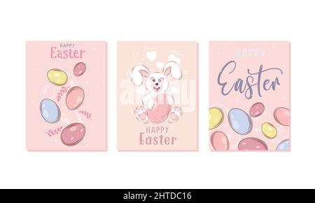 Frohe Ostern Set von Sale Banner, Grußkarten, Poster, Urlaub deckt. Trendiges Design mit Typografie, handbemalten Pflanzen, Punkten, Eiern und Hase Stock Vektor