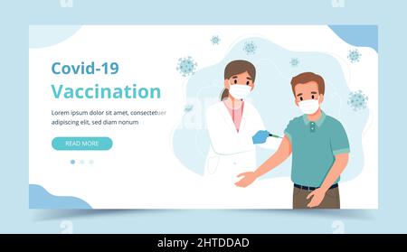 Covid-Impfbanner, Mann und Arzt mit Spritze. Webpage Vorlage Vektor-Illustration in flachen Cartoon-Stil Stock Vektor