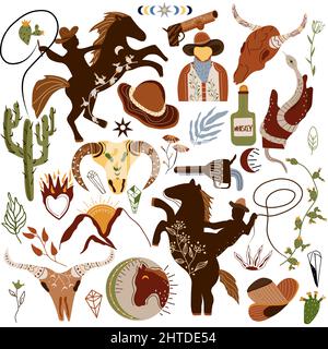 Wild West Kollektion. Wildpferd, Cowboy, Büffelschädel, Kaktus, Schlange, hut, Cowboystiefel, Blatt, Waffe, Feuer. Weiter in Richtung Old West. Vektorgrafik. Stock Vektor