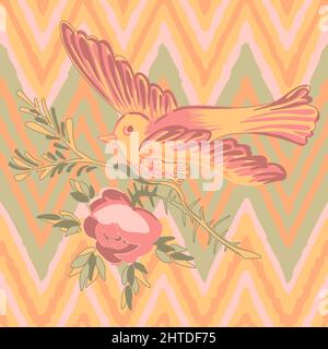 Zeichnung Vogel fliegen mit Blumenrosen tropischen Vintage-Druck, nahtlose Streifen Zickzack-Muster Grunge Retro-Hintergrund in Pastellfarben. Vektor illustrr Stock Vektor