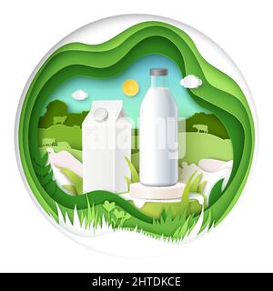 Milchverpackung Kartonverpackung und Flaschenmockup auf dem Podium aufgestellt. Anzeige für gesunde Milchprodukte, Vektorgrafik. Stock Vektor