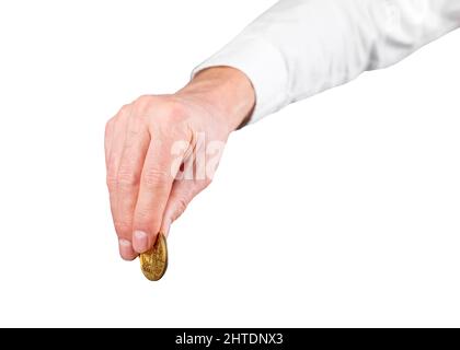 Geschäftsmann Hand hält Bitcoin Münze isoliert auf weißem Hintergrund. Kryptowährung. Spende, Beitrag, Anlagekonzept. Hochwertige Fotos Stockfoto