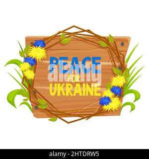 Text Frieden für die Ukraine auf Holzrahmen mit Blumen in Nationalfarben der ukrainischen Flagge. Supportkonzept, Banner. Vektorgrafik Stock Vektor