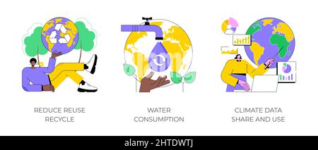 Speichern Sie die Vektorgrafik des abstrakten Planetenkonzepts. Wiederverwendung reduzieren Recycling, Wasserverbrauch, Anteil und Nutzung von Klimadaten, Upcycling-Programm, Wettervorhersage, Überverbrauch abstrakte Metapher. Stock Vektor