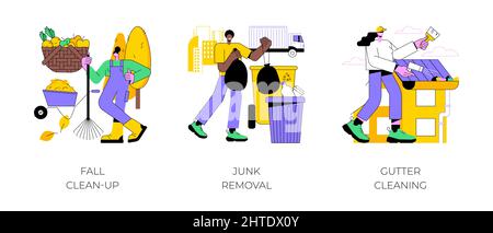 Herbst Garten Wartung abstraktes Konzept Vektor Illustration Set. Herbst-Reinigung, Junk-Entfernung, Rinne Reinigung, Mulchen und Blatt Entfernung, Rasenpflege, Hof Abfallentsorgung Service abstrakte Metapher. Stock Vektor