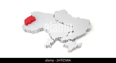 3D Karte der Ukraine mit der Region Lemberg in Rot. 3D Rendering Stockfoto