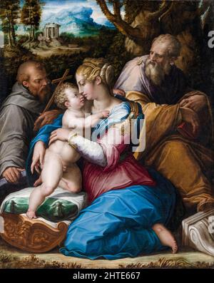 Heilige Familie mit dem Heiligen Franziskus, Öl auf Leinwand, Gemälde von Giorgio Vasari, 1542 Stockfoto