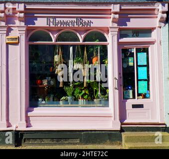 Floristen-Shop Front mit rosa bemalten Holzarbeiten und hängenden Töpfen im Fenster. Stockfoto