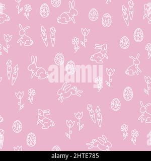 Niedliche handgezeichnete Ostern nahtlose Muster mit Hasen, Eier und Dekoration, ideal für Textilien, Banner, Tapeten, Umhüllung - Vektorflächendesign Stock Vektor