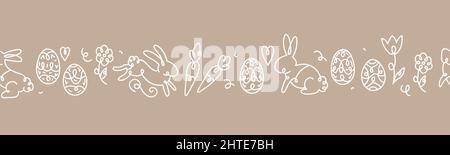 Niedliche handgezeichnete Ostern nahtlose Muster mit Hasen, Eier und Dekoration, ideal für Textilien, Banner, Tapeten, Umhüllung - Vektorflächendesign Stock Vektor
