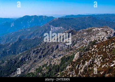 Mirador del Mont Caro, Aussichtspunkt Mont Caro, Baix Ebre, Tarragona, Katalonien, Spanien. Stockfoto