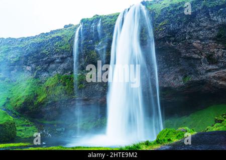 Blick auf die wunderschönen Seljalandsfoss Wasserfälle in island. Isländische Landschaft im Sommer mit gelben Blumen und grünen moosigen Felsen. Stockfoto