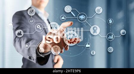 ISO-Zertifizierungskonzept Standard Qualitätskontrolle. Internationaler Informationssicherheitsstandard. Stockfoto