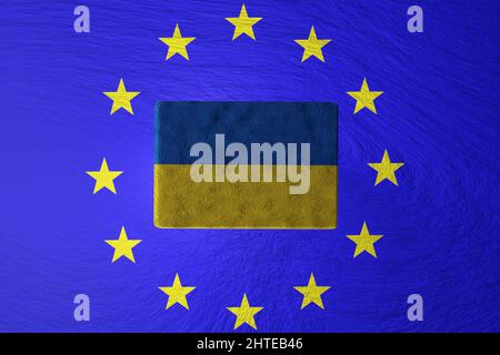 Konzept für den Beitritt der Ukraine zur Europäischen Union. Ukrainische Flagge mit EU-Banner. Stockfoto