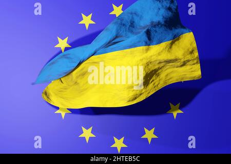 Konzept für den Beitritt der Ukraine zur Europäischen Union. Ukrainische Flagge mit EU-Banner. Stockfoto