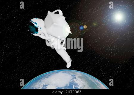 Kosmonauten-Erkundung durch das Universum bei der Beobachtung des Planeten Erde durch eine mexikanische Frau, die von Mond und Linsenfeuer beleuchtet wird Stockfoto