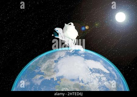 Mexikanische Astronautin, die in der Wissenschaft und Fiktion ohne Schwerkraft für die Astronomie bei der Beobachtung des Planeten Erde von außen arbeitet. 3D i Stockfoto