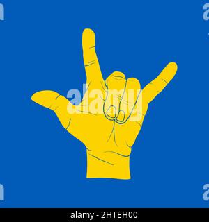 Gelbes Devil-Handzeichen auf blau. Symbol für die Unterstützung der Menschen in Kiew und der Ukraine. Gemeinsam stark bleiben. Patriotisches Symbol, Icon.-SupplementalCategories+=Bilder Stock Vektor