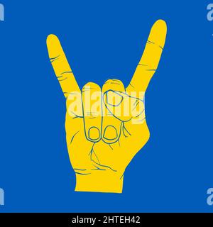 Gelbes Symbol mit drei Fingern auf blau. Symbol für die Unterstützung der Menschen in Kiew und der Ukraine. Gemeinsam stark bleiben. Patriotisches Symbol, Symbol.-ErgänzungKategorien+ Stock Vektor