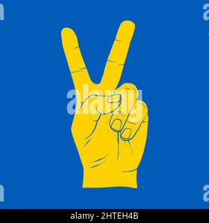 Gelbe Friedenshand Symbol Freiheit für die ukraine auf blau. Symbol für die Unterstützung der Menschen in Kiew und der Ukraine. Gemeinsam stark bleiben. Patriotisches Symbol, Symbol.-Suppleme Stock Vektor