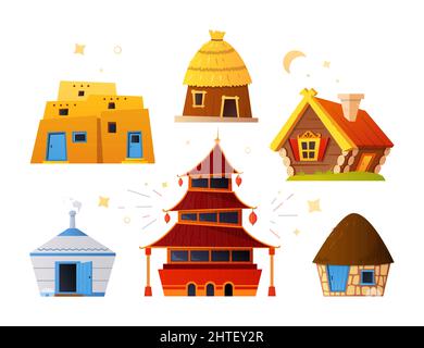 Ethnische Gebäude - modernes, flaches Design-Objekt. Ordentliche detaillierte Bild von asiatischen Pagoden-Tempel, russische Holzhütte, Badehaus, mexikanische Lehmhäuser Stock Vektor