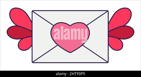 Retro Valentinstag Ikone des Umschlags mit Herz und Perücken. Liebessymbol im modischen Pop-Line-Art-Stil. Der niedliche Brief ist in sanftem Pink, Rot, Stock Vektor