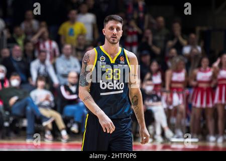 Belgrad, Serbien, 27.. Februar 2022. Achille Polonara von Fenerbahce Beko Istanbul reagiert während des Euroleague-Basketballmatches zwischen Crvena Zvezda mts Belgrade gegen Fenerbahce Beko Istanbul in Belgrad, Serbien. 27. Februar 2022. Kredit: Nikola Krstic/Alamy Stockfoto