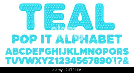Blaues popit-Alphabet und Zahlen im Fidget-Spielzeugstil. Pop it Schriftdesign als trendiges Silikonspielzeug für Fidget in knalliger Farbe. Blase sensorisch l Stock Vektor
