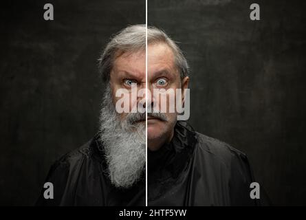 Composite-Bild aus Porträt von schockierten graubärtigen älteren Mann Blick auf die Kamera isoliert auf dunklen vintage Hintergrund gemacht. Stockfoto