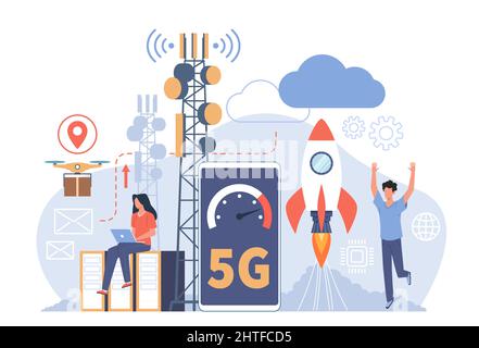 Menschen nutzen Wireless 5G. Sendeturm, verschiedene Anwendungsbereiche, mobiles Telekommunikationssystem, Highspeed-Internet, glücklicher Mann und Frau mit Stock Vektor