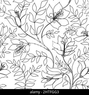 Florales, nahtloses Linienmuster. Blumen umreißen Hintergrund. Florale, linear gezeichnete Textur mit Blumen. Florierende Fliesentapete Stock Vektor