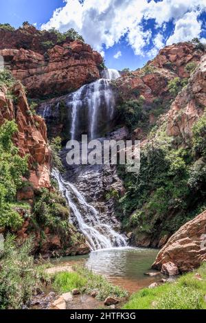 Blick auf einen Wasserfall und einen Fluss in einer bergigen Gegend in Walter Sisulu National Botanical Gardens, Johannesburg, Südafrika Stockfoto