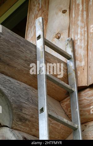 Der senkrechte Schuss der metallischen rostigen Leiter lehnte sich an der hölzernen Wand Stockfoto