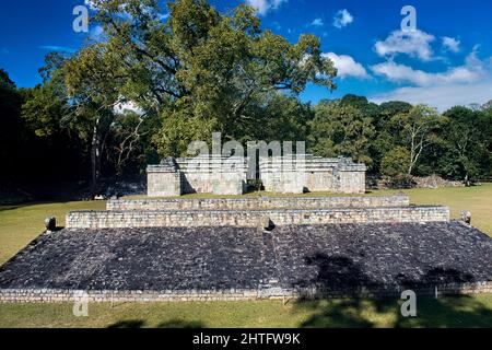 Blick auf den Ball Court in den Copan Mayan Ruinen, Copan Ruinas, Honduras Stockfoto