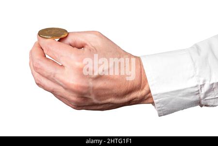 Geschäftsmann Hand hält Bitcoin Münze isoliert auf weißem Hintergrund. Handel, Spekulation mit Kryptowährungskonzept. Münzwurf Hochwertige Fotos Stockfoto