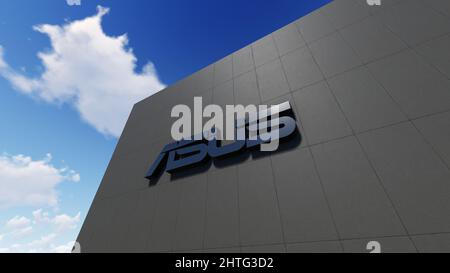 Asus-Logo an der Wand, nur zur redaktionellen Verwendung, 3D-Rendering Stockfoto