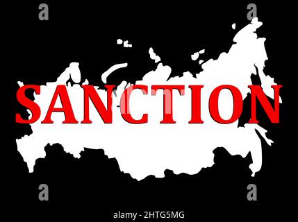 Sanktionen gegen Russland. Silhouette der Karte der Russischen Föderation mit rotem Text Sanktion. Zusammenbruch und Zerstörung des Staates durch Putins Ruls Stock Vektor