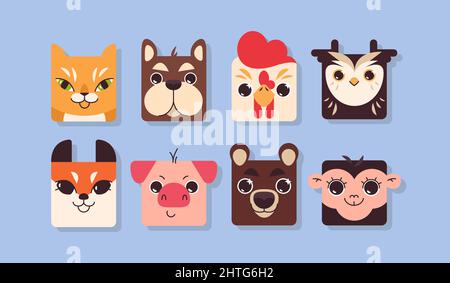 Flache niedliche bunte quadratische Tiergesichter. Lustiges Schwein, Kuh, Hund, Katze, Fuchs, Spielelemente für Kinder im Zoo mit Affen, Bären und Hühnern. App-Avatar-Symbol festgelegt. Kid Collection Kopfform von Haustieren, Wild- und Nutztieren Stock Vektor