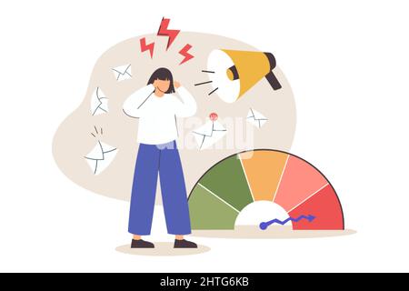 Flach müde erschöpfter Mitarbeiter mit hohem Stressniveau. Frau mit emotionaler Überlastung, Kopfschmerzen und niedrigem Energieniveau. Depression und überarbeiteter Begriff. Verärgerte Büroangestellte mit geschäftlichen Problemen. Stock Vektor