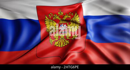 Konzept der winkenden Flagge. Nationalflagge der Russischen Föderation mit Wappen. Winkender Hintergrund. 3D Rendern. Stockfoto