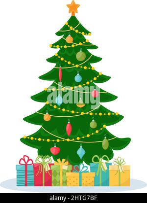Geschmückter weihnachtsbaum mit Geschenken. Frohe Weihnachten und Frohes neues Jahr. Vektorgrafik Stock Vektor
