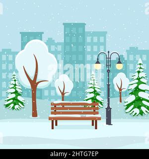 Winterpark mit Bank, Bäumen und Laterne. Vektorgrafik Stock Vektor