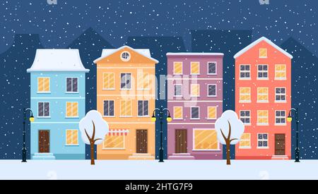 Weihnachten verschneite Nacht in der gemütlichen Stadt Straße. Stadtpanorama, Vektorgrafik Stock Vektor