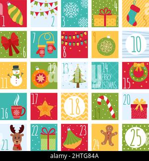 Adventskalender Weihnachten. Weihnachtsposter. Vektorgrafik Stock Vektor